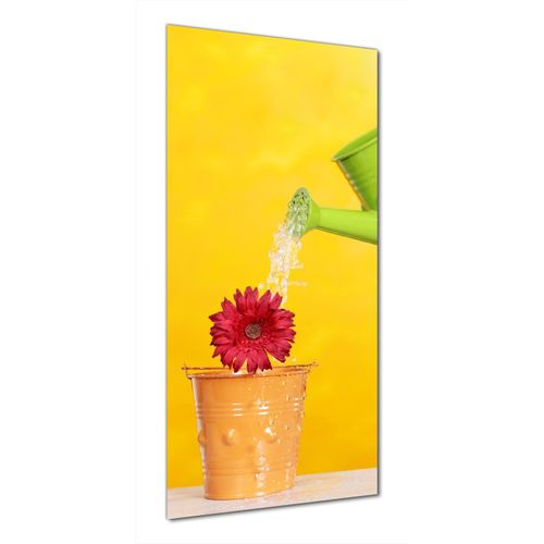 Wallario selbstklebende Duschrückwand 70 x 180 cm mit Motiv Rote Blüte im Blumentopf - frisch begossen - Wandverkleidung mit Hochglanzlaminat in Glasoptik