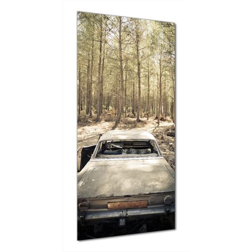 Wallario selbstklebende Duschrückwand 80 x 200 cm mit Motiv Verrosteter Oldtimer im Wald - Wandverkleidung mit Hochglanzlaminat in Glasoptik