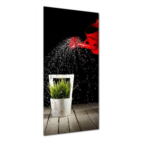 Wallario selbstklebende Duschrückwand 80 x 180 cm mit Motiv Grüne Pflanze mit roter Gießkanne - Wandverkleidung mit Hochglanzlaminat in Glasoptik