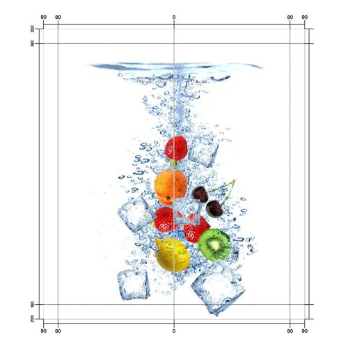 Wallario selbstklebende Duschrückwand 160 x 200 cm mit Motiv Obst-Eiswürfel-Mix im Wasser mit weißem Hintergrund - Wandverkleidung mit Hochglanzlaminat in Glasoptik