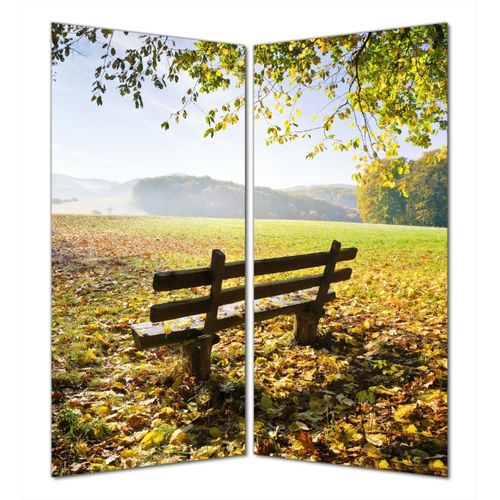 Wallario selbstklebende Duschrückwand 180 x 180 cm mit Motiv Idyllische Holzbank in den Bergen - Wandverkleidung mit Hochglanzlaminat in Glasoptik