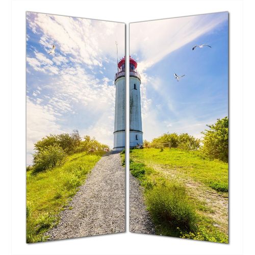 Wallario selbstklebende Duschrückwand 160 x 180 cm mit Motiv Leuchtturm auf Hiddensee bei Sonnenschein - Wandverkleidung mit Hochglanzlaminat in Glasoptik