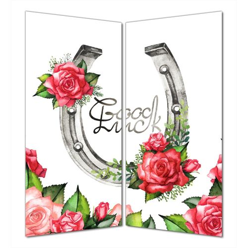 Wallario selbstklebende Duschrückwand 180 x 200 cm mit Motiv Viel Glück Hufeisen mit roten Rosen - Wandverkleidung mit Hochglanzlaminat in Glasoptik