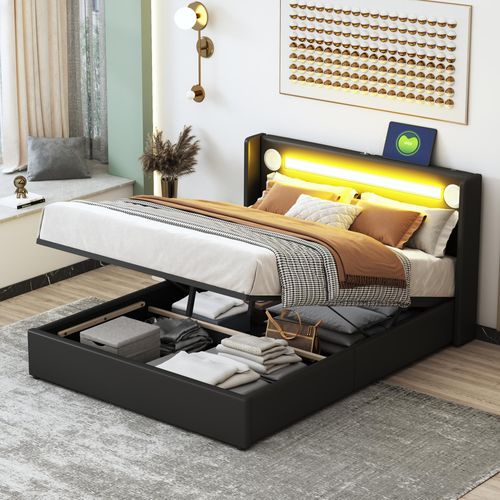 okwish Polsterbett 140x200 mit Matratze,Kinderbett mit LED-Lichtleiste und USB,Jugendbett mit Lattenrost und Bettkasten ,Schwarz