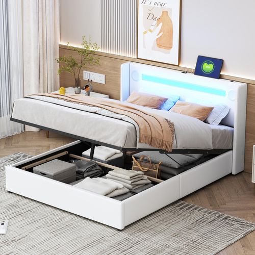 okwish Polsterbett 140x200 mit Matratze,Kinderbett mit LED-Lichtleiste und USB,Jugendbett mit Lattenrost und Bettkasten ,Weiß