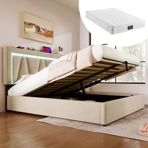 okwish Polsterbett 160x200 mit Ladefunktion und LED-Beleuchtung und Matratze, Beige