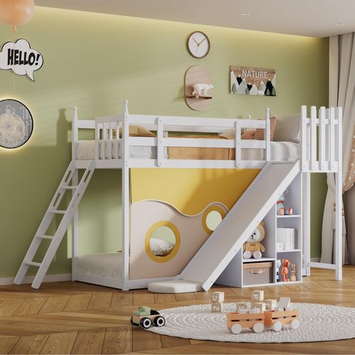 Flieks Etagenbett 90x200cm mit Rutsche & Rausfallschutz, Kinderbett Hochbett mit Leiter & Regal, Holzbett Stockbett mit Lattenrost, Weiß
