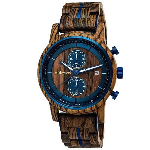 Holzwerk SEELAND Herren Holz Uhr Chronograph mit Datum in Walnuss braun, blau