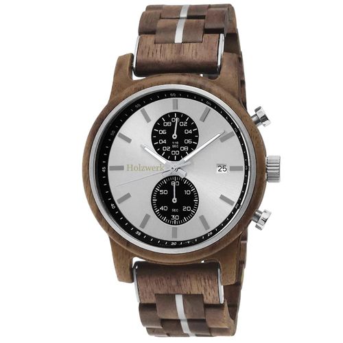 Holzwerk GRONAU Herren Holz Uhr Chronograph mit Datum, braun, silber, schwarz