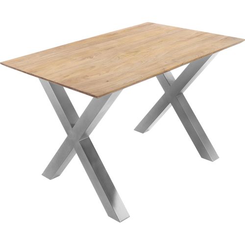Esstisch 120x80cm Akazie massiv eichenfarben schweizer Kante X-Gestell silber DEAN