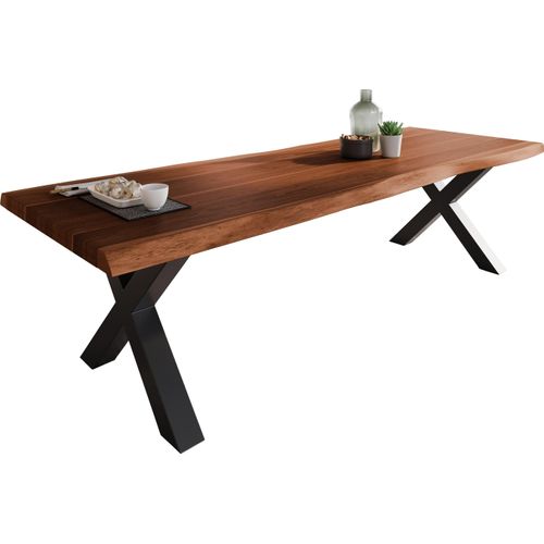 Esstisch Baumkante massiv Akazie Nuss 240 x 100 X-Gestell schwarz ATLAS
