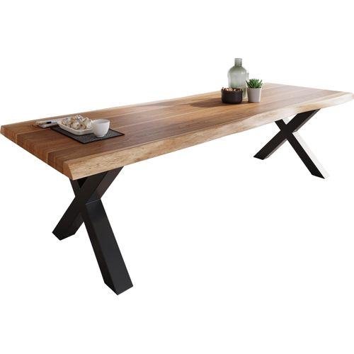 Esstisch Baumkante massiv Akazie Natur 240 x 100 X-Gestell schwarz ATLAS