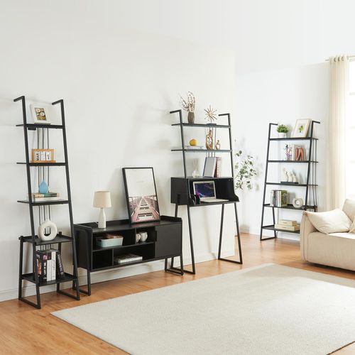Möbelset ‘Storfjord’ 4-tlg. 1x Schreibtisch, 2x Leiterregal und 1x TV Schrank Metall Schwarz