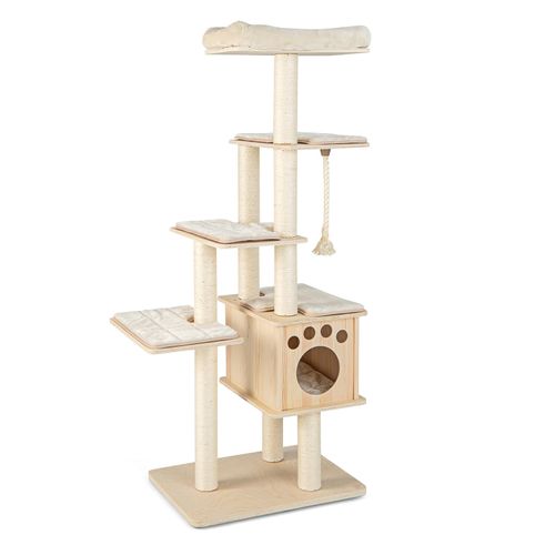 COSTWAY 6-stöckiger Kratzbaum Holz, 170cm Katzenbaum mit gemütlicher Matten & Höhle & Sisalseil, Katzenkratzbaum Groß, Kletterbaum Beige