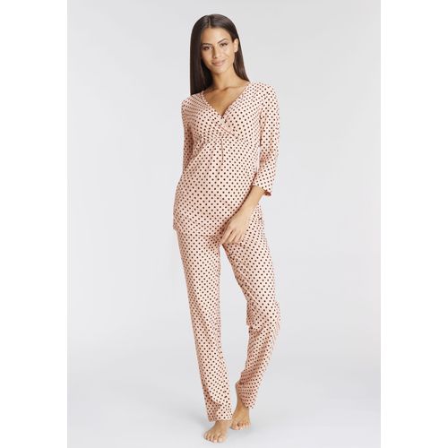 Umstandspyjama LASCANA, Damen, Gr. 32/34, beige (beige schwarz gepunktet), Obermaterial: 95% Baumwolle, 5% Elasthan, gepunktet, feminin, Basic schmal, V-Ausschnitt, 3/4-Ärmel, Homewear-Sets, in Wickeloptik mit Pünktchenmuster