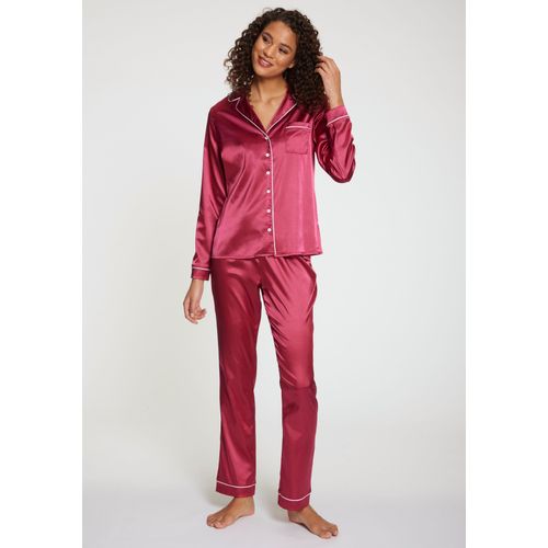 Pyjama S.OLIVER Gr. 38, lila (beere), Damen, Satin, Obermaterial: 95% Polyester, 5% Elasthan, unifarben, Homewear-Sets, mit Schlafmaske