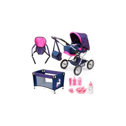 Kombi-Puppenwagen BAYER "Grande, blau/pink" Puppenwagen bunt (blau/pink) Kinder mit Reisebett, Schnuller, Geschirr und Pflegeprodukten