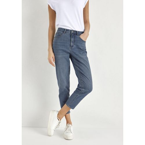 Mom-Jeans HECHTER PARIS Gr. 38, N-Gr, blau (mid use) Damen Jeans hohe Leibhöhe, knöchelfrei, mit Gürtelschlaufen