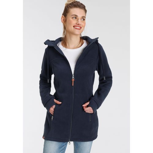 Fleecejacke KANGAROOS, Damen, Gr. 44, blau (marine), Fleece, Obermaterial: 100% Polyester, kontrastfarbene Details, casual, figurbetont Po-bedeckend, Langarm mit Daumenlöchern, Jacken, figurbetonter Schnitt, mit Kapuze, mit 2-Wege-Reißverschluss
