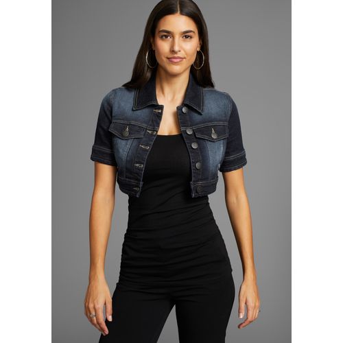 Jeansjacke ARIZONA, Damen, Gr. 46, blau (dunkelblau us), Denim/Jeans, Obermaterial: 98% Baumwolle, 2% Elasthan, Basic, figurbetont extrakurz, Kurzarm 2-Naht-Ärmel Bündchen, Jacken, aus Baumwollmischung, figurbetont, extrakurz, in Stretch-Qualität