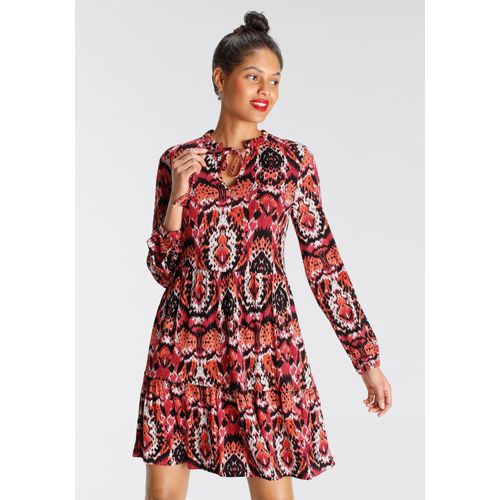Minikleid TAMARIS, Damen, Gr. 42, N-Gr, rot (rosa bordo ethno), Jersey, Obermaterial: 95% Viskose, 5% Elasthan, gemustert, feminin, figurbetont mini, Rundhals, Langarm, Kleider, festliche Anlässe, aus Jerseystoff, Langarm
