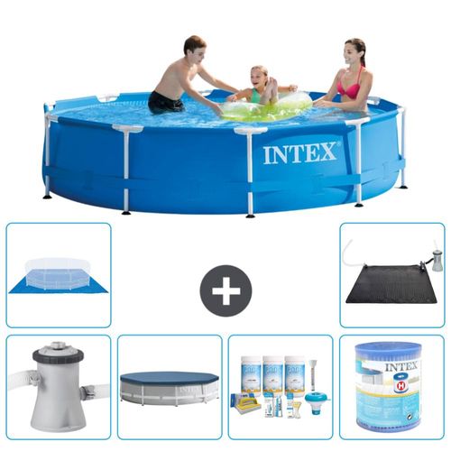 Intex Rundrahmen-Schwimmbecken – 305 x 76 cm – Blau – inklusive Pumpe Abdeckung - Wartungspaket - Filter - Bodenplane - Solarmatte