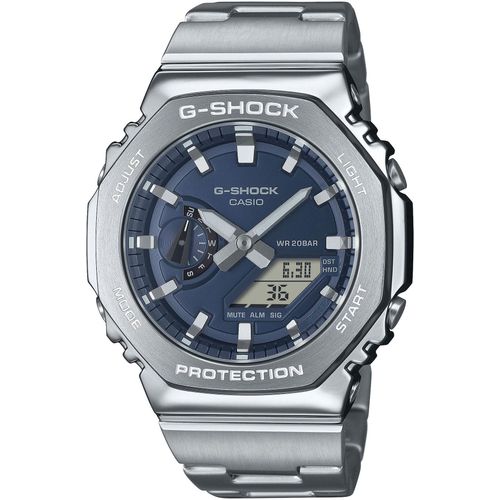 Chronograph CASIO G-SHOCK Armbanduhren silberfarben, dunkelblau, grau Herren Quarzuhr, Armbanduhr, Herrenuhr, Edelstahlarmband, Stoppfunktion