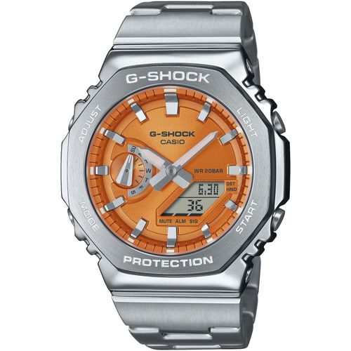 Chronograph CASIO G-SHOCK Armbanduhren silberfarben-orange, grau Herren Quarzuhr, Armbanduhr, Herrenuhr, Edelstahlarmband, Stoppfunktion