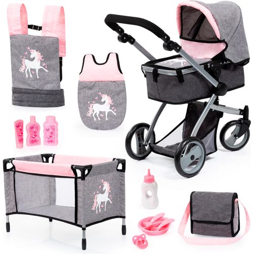 Puppenwagen BAYER "Mega grau/rosa" grau/rosa einhorn Kinder mit Reisebett, Schlafsack, Wickeltasche und Zubehör