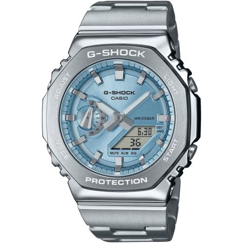 Chronograph CASIO G-SHOCK Armbanduhren silberfarben-hellblau, grau Herren Quarzuhr, Armbanduhr, Herrenuhr, Edelstahlarmband, Stoppfunktion