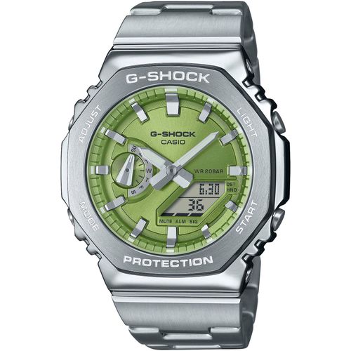 Chronograph CASIO G-SHOCK Armbanduhren silberfarben, grün, grau Herren Quarzuhr, Armbanduhr, Herrenuhr, Edelstahlarmband, Stoppfunktion