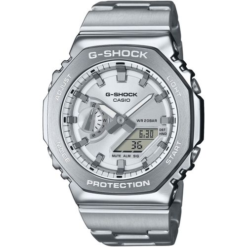 Chronograph CASIO G-SHOCK Armbanduhren edelstahlfarben-silberfarben, grau Herren Quarzuhr, Armbanduhr, Herrenuhr, Edelstahlarmband, Stoppfunktion