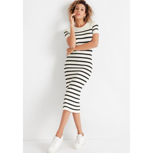 Strickkleid HECHTER PARIS, Damen, Gr. 38, N-Gr, schwarz (sanftes weiß, schwarz, gestreift), Feinstrick, Obermaterial: 70% Viskose, 30% Polyamid, gestreift, geringelt, feminin, figurbetont wadenlang, Rundhals, Kurzarm, Kleider, wadenlang, modern, aus Viskosemischung, Kurzarm