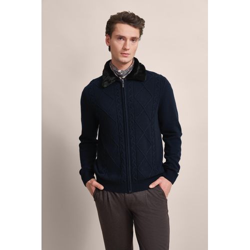 Strickjacke BUGATTI, Herren, Gr. L, blau (marine), Strick, 80% Wolle, 20% Polyamid, kariert, casual, regular fit, Langarm Rippbündchen, Strickjacken, mit unechtem Fellkragen