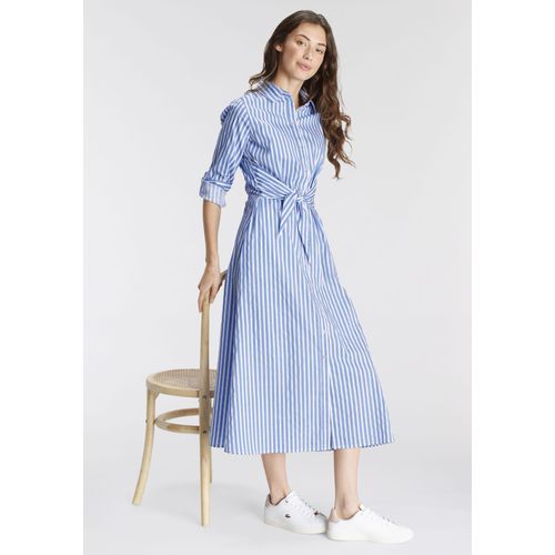 Blusenkleid DELMAO, Damen, Gr. 42, N-Gr, blau (blau, weiß), Web, Obermaterial: 60% Baumwolle, 38% Polyester, 2% Elasthan, gestreift, geringelt, bedruckt, feminin, figurumspielend lang, Langarm, Kleider, festliche Anlässe, lang, klassisch und seriös, aus Baumwolle