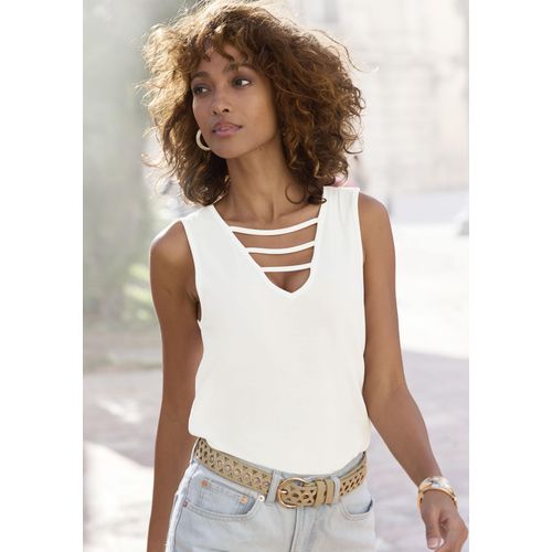 Tanktop LASCANA, Damen, Gr. 32/34, braun (ceme), Jersey, Obermaterial: 100% Viskose, unifarben, modisch, figurumspielend hüftlang, V-Ausschnitt, ohne Ärmel, Tops, mit Zierbändern, Jerseytop, modisches Damentop