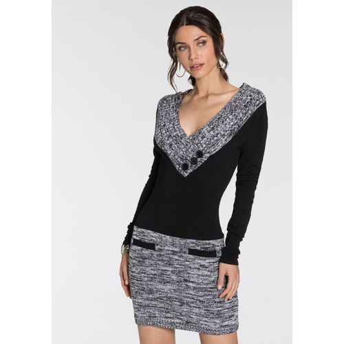 Strickkleid MELROSE, Damen, Gr. 38, N-Gr, schwarz-weiß (schwarz, melange), Feinstrick, Grobstrick, Obermaterial: 50% Polyacryl, 35% Viskose, 15% Polyamid, feminin, sehr figurbetont mini, tiefer V-Ausschnitt, Langarm, Kleider, eleganter Anlass, kurzes Kleid, figurbetont, aus Grobstrick