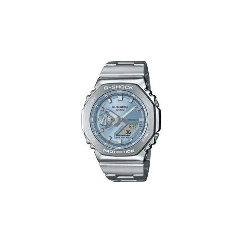 Chronograph CASIO G-SHOCK Armbanduhren silberfarben-hellblau, grau Herren Quarzuhr, Armbanduhr, Herrenuhr, Edelstahlarmband, Stoppfunktion