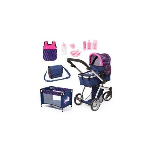 Puppenwagen BAYER "Mega, blau" bunt (blau/pink) Kinder mit Reisebett, Schlafsack, Puppentrage, Wickeltasche und Zubehör