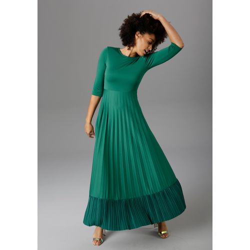 Maxikleid ANISTON CASUAL, Damen, Gr. 36, N-Gr, grün (smaragd), Web, Obermaterial: 100% Polyester, unifarben, leicht glänzend, modisch, figurbetont knöchelfrei, Rundhals, 3/4-Ärmel, Kleider, Rockteil mit Volant aus Plissee, Topseller