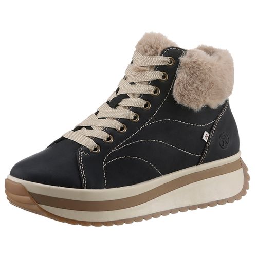 Winterboots RIEKER EVOLUTION Gr. 42, schwarz (schwarz, beige) Damen Schuhe Keilsneaker, Plateauboots mit Fellimitatkragen