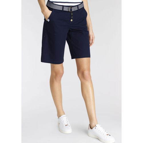 Chinoshorts DELMAO, Damen, Gr. 38, N-Gr, blau (marine), Web, Obermaterial: 98% Baumwolle, 2% Elasthan, unifarben, gestreift, casual, A-Linie kniefrei, Hosen Shorts Strandshorts, zum Krempeln, mit passendem Gürtel