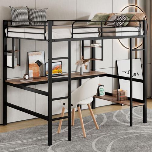 Okwish - Metallbett mit Bettgestell 90x200cm, Eisenbett mit Schreibtisch, Hochbett mit vier kleinen Regalen und einem großen Bücherregal für Kinder,