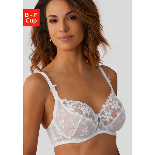 Bügel-BH LASCANA, Damen, Gr. 85, Cup E, weiß, Spitze, Obermaterial: 60% Polyamid, 20% Elasthan, 20% Polyester, sexy, BHs, mit transparenter Stickerei-Spitze, Dessous