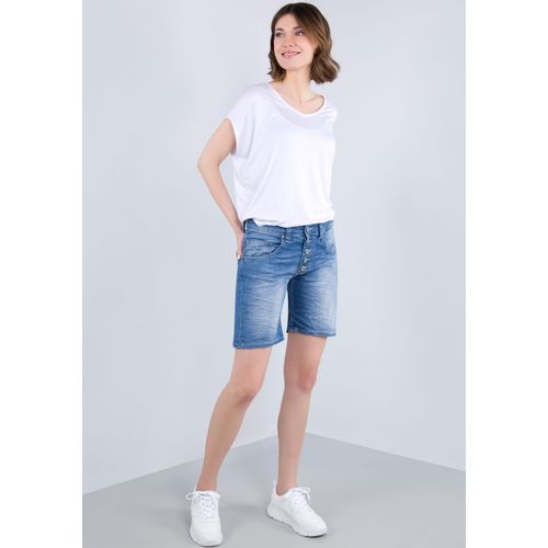 Shorts PLEASE JEANS Gr. XS (34), N-Gr, blau (1670, bludenim mittelblau) Damen Hosen mit sichtbarer Knopfleiste