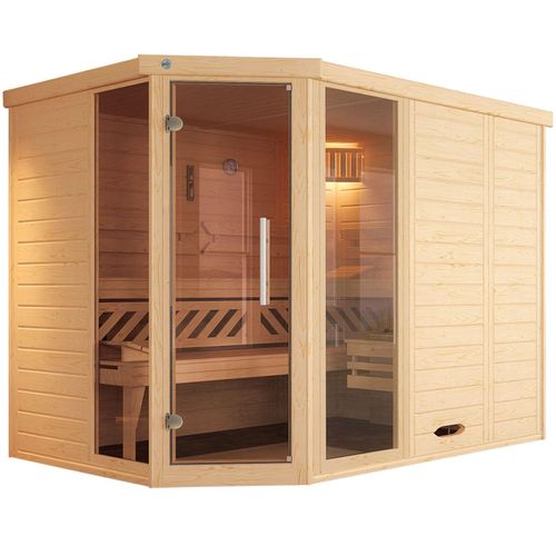 Sauna WEKA "Design-Sauna KEMI Eck 2", beige (natur), ohne Ofen, ohne Steuerung, (ohne Ofen), Saunen, Blockbohlen, vorgef. Elemente, Fensterelement, mod. Ganzglastür