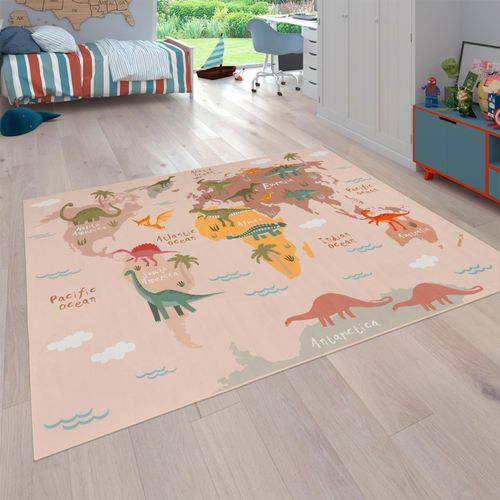 Kinderteppich PACO HOME "Bino 583" Teppiche Gr. B: 200cm, 4mm, L: 200cm, beige Kinder Spielteppich, Motiv Weltkarte & Dinosaurier, Kinderzimmer