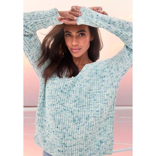 V-Ausschnitt-Pullover BUFFALO, Damen, Gr. 36/38, blau (blau, creme), Strick, Obermaterial: 100% Polyester, meliert, modisch, figurumspielend hüftlang, tiefer V-Ausschnitt, Langarm Strickbündchen, Pullover, aus weichem Chenille, Strickpullover, kuschelig weich, Pastell