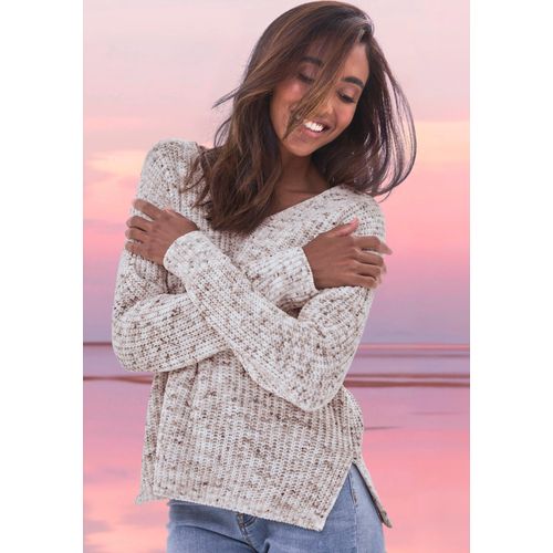 V-Ausschnitt-Pullover BUFFALO, Damen, Gr. 32/34, braun (braun, creme), Strick, Obermaterial: 100% Polyester, meliert, modisch, figurumspielend hüftlang, tiefer V-Ausschnitt, Langarm Strickbündchen, Pullover, aus weichem Chenille, Strickpullover, kuschelig weich, Pastell