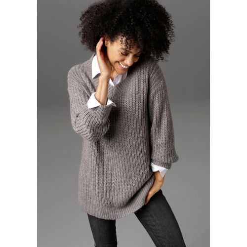 Longpullover ANISTON CASUAL, Damen, Gr. 40, grau (grau, meliert), Grobstrick, Obermaterial: 100% Polyacryl, meliert, modisch, sehr weit Po-bedeckend, V-Ausschnitt, Langarm Strickbündchen, Pullover Grobstrickpullover, mit fixierten Umschlag an den langen Ärmeln